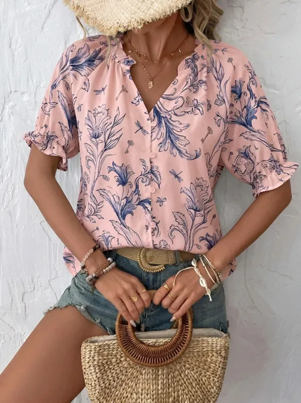 Women's Vintage Floral Dragonfly Key Printed Button-Up Blouse
