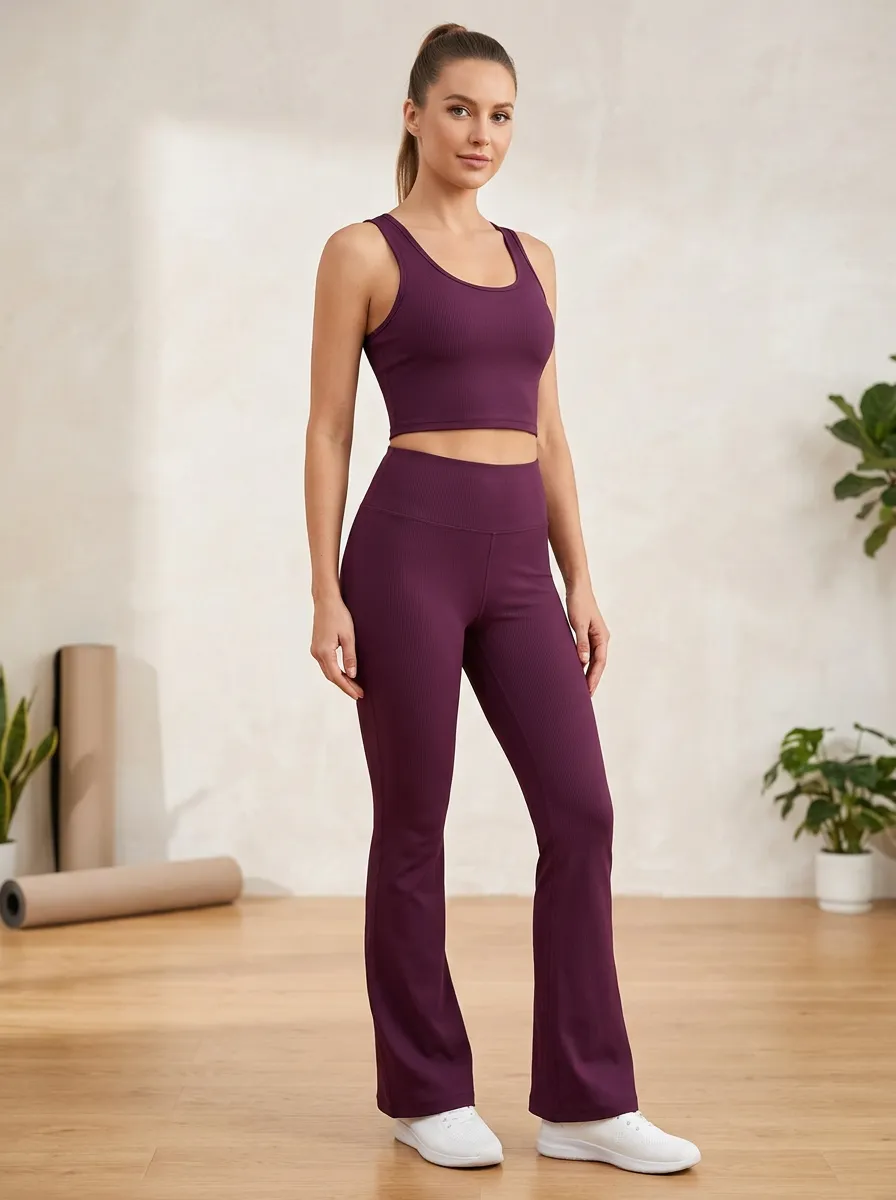 Ribbed Cropped Yoga Flared-Leg Women's Tank Top Flare Pants Active Set