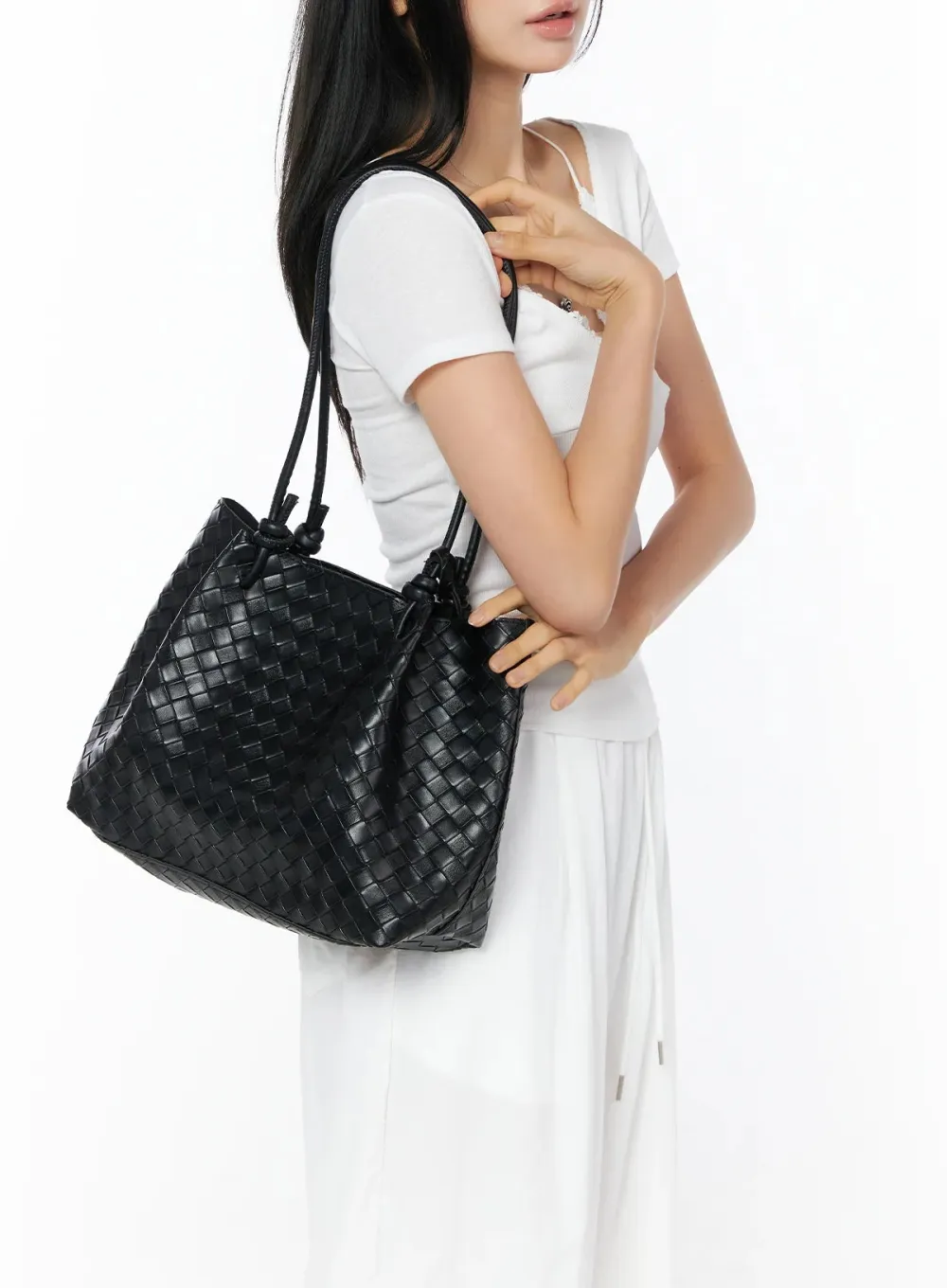 Woven Leather Shoulder Bag and Pouch Set