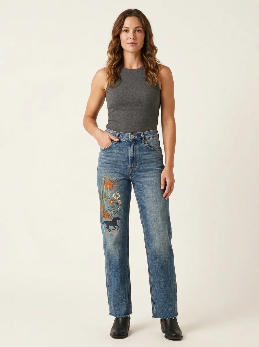 Women's Western Desert Horse Cactus Printed Straight Leg Jeans