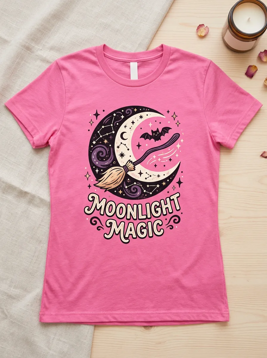 Moon Bat Broom Halloween Graphic T-Shirt