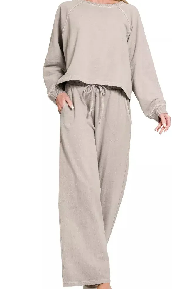 Washed F Terry Round Neck Pullover & Pants Set