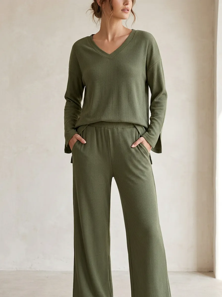 Ribbed Relaxed Women's V-Neck Casual Lounge Set