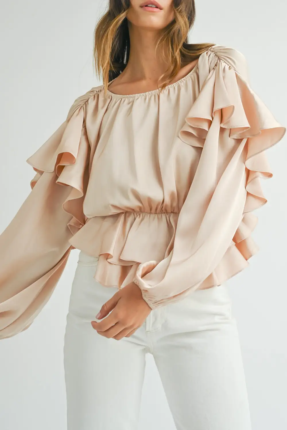 Oatmeal Lace-Up Keyhole Back Ruffled Peplum Blouse