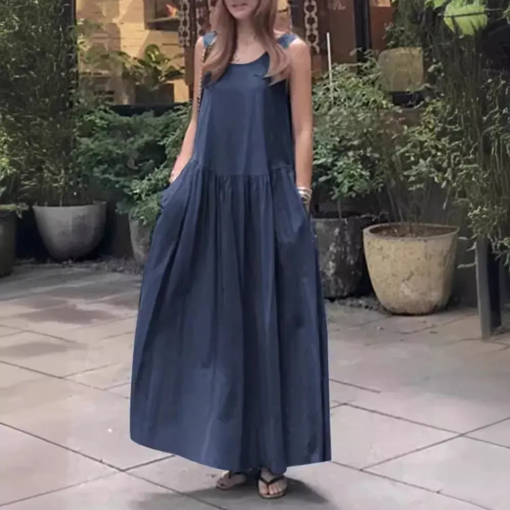Linen Blend Cotton Blend Maxi Relaxed Fit Dress