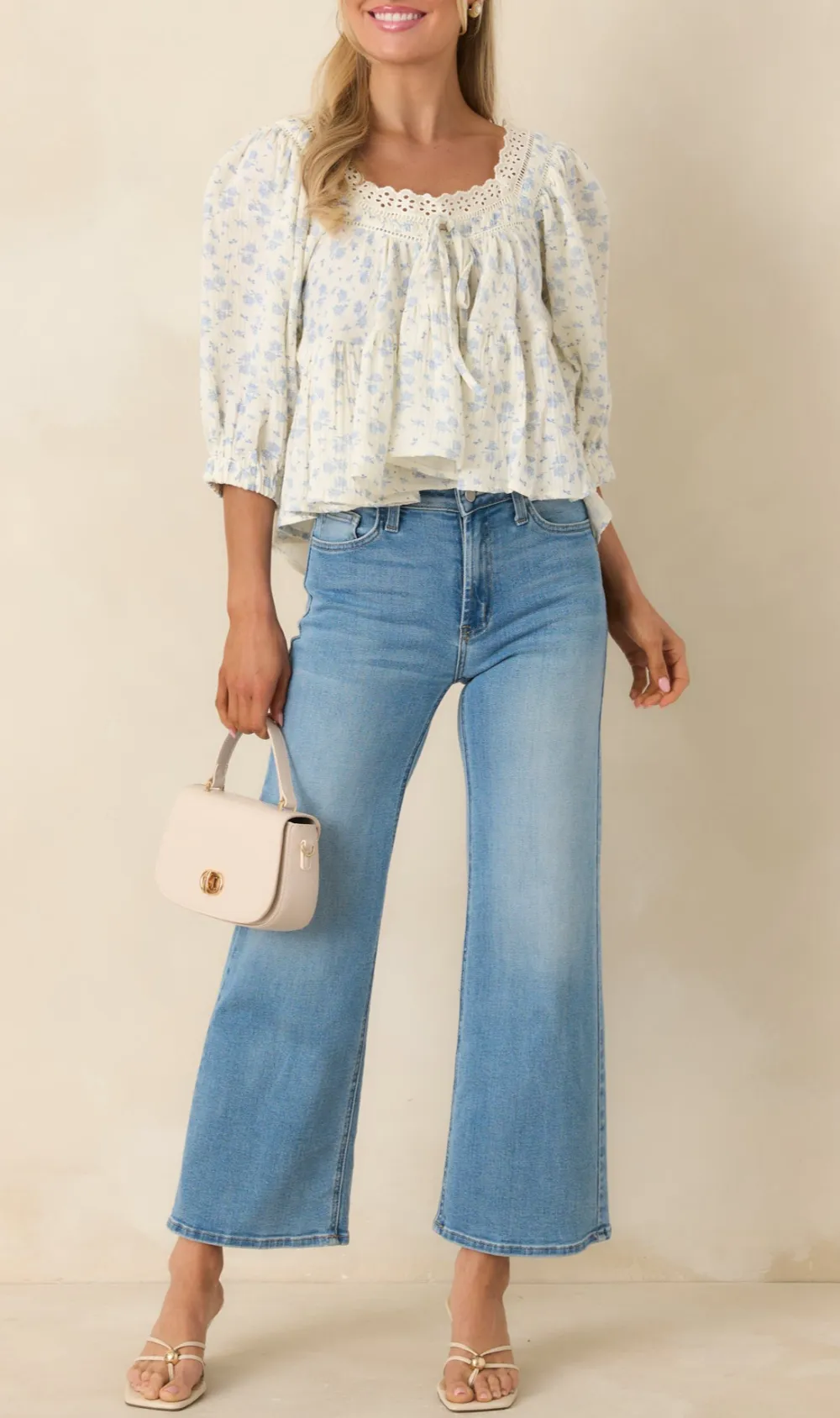 Short-Sleeve Cropped Scalloped Eyelet Blouse