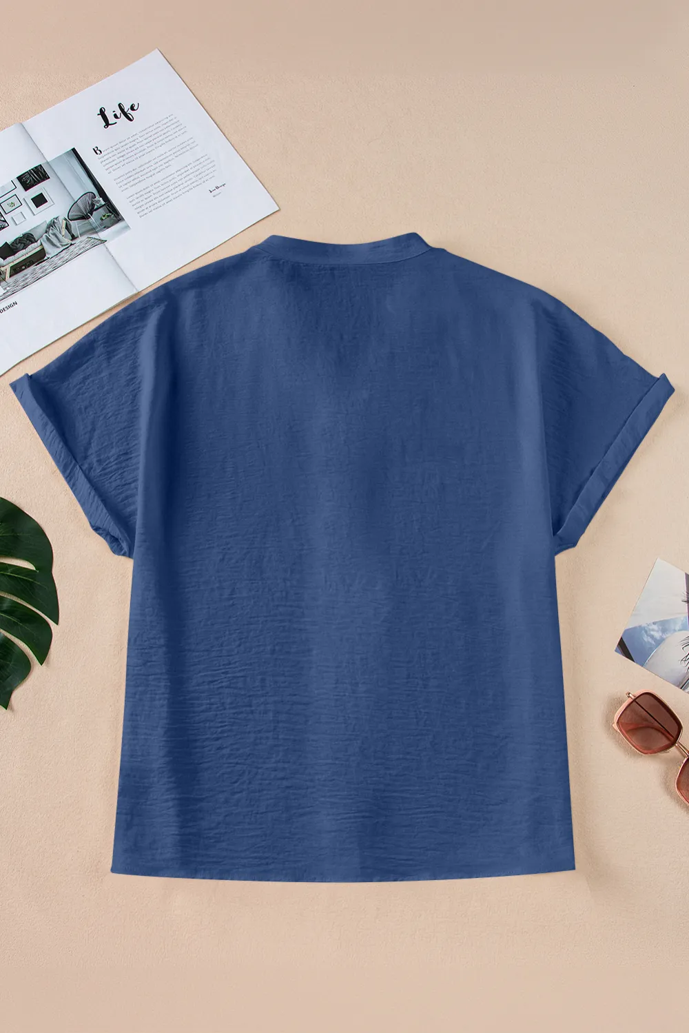 Sail Blue Notched Neck Batwing Blouse