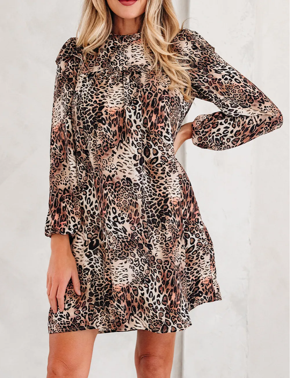 Leopard Ruffled Detail Long Sleeve Loose Mini Dress