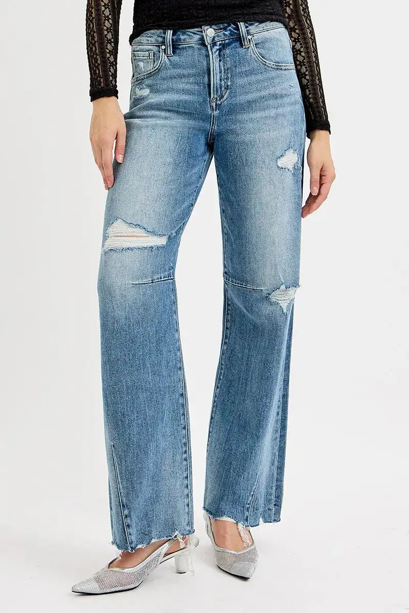 Mid Rise Wide Leg Washed Denim Jeans