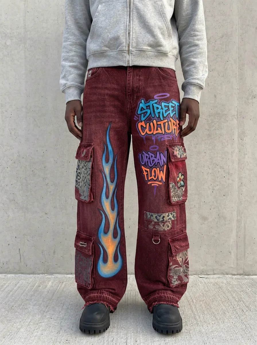 Men's Graffiti Flame Graphic Cargo Jeans