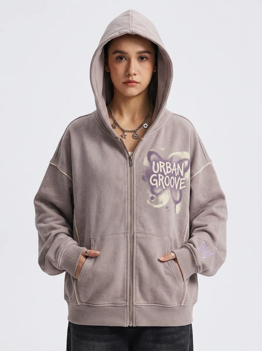 Women's Streetwear Urban Groove Butterfly Graffiti Printed Zip-up Hoodie