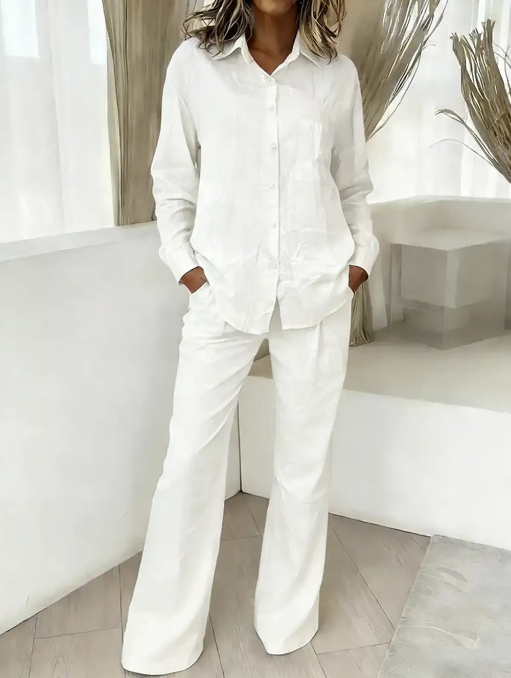 Shirt and Loose Wide-Leg Pants Suit