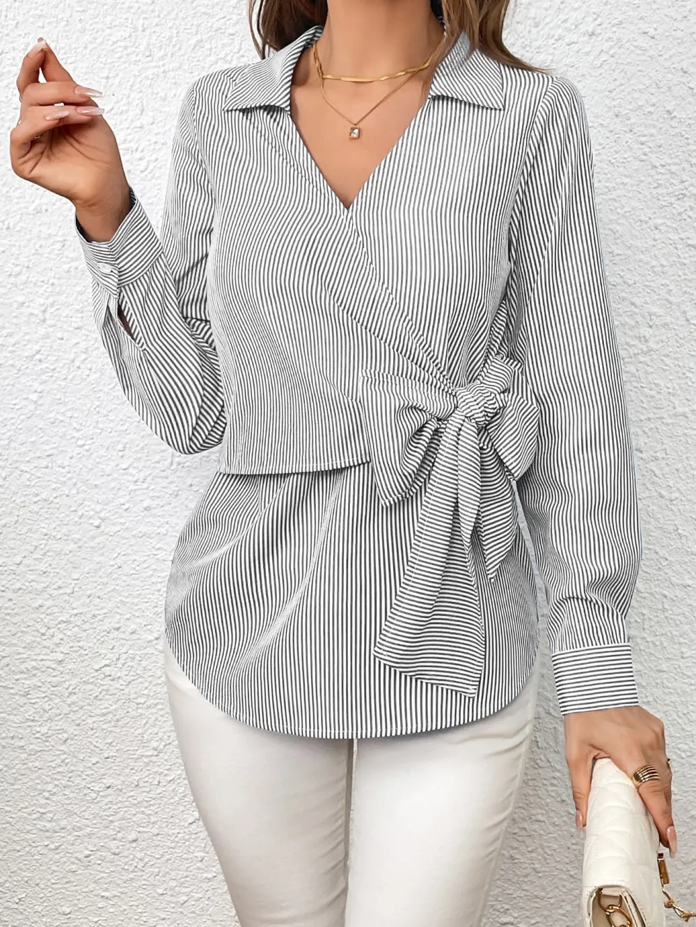 Tie-Waist Johnny-Collar Long-Sleeve Sheer Blouse