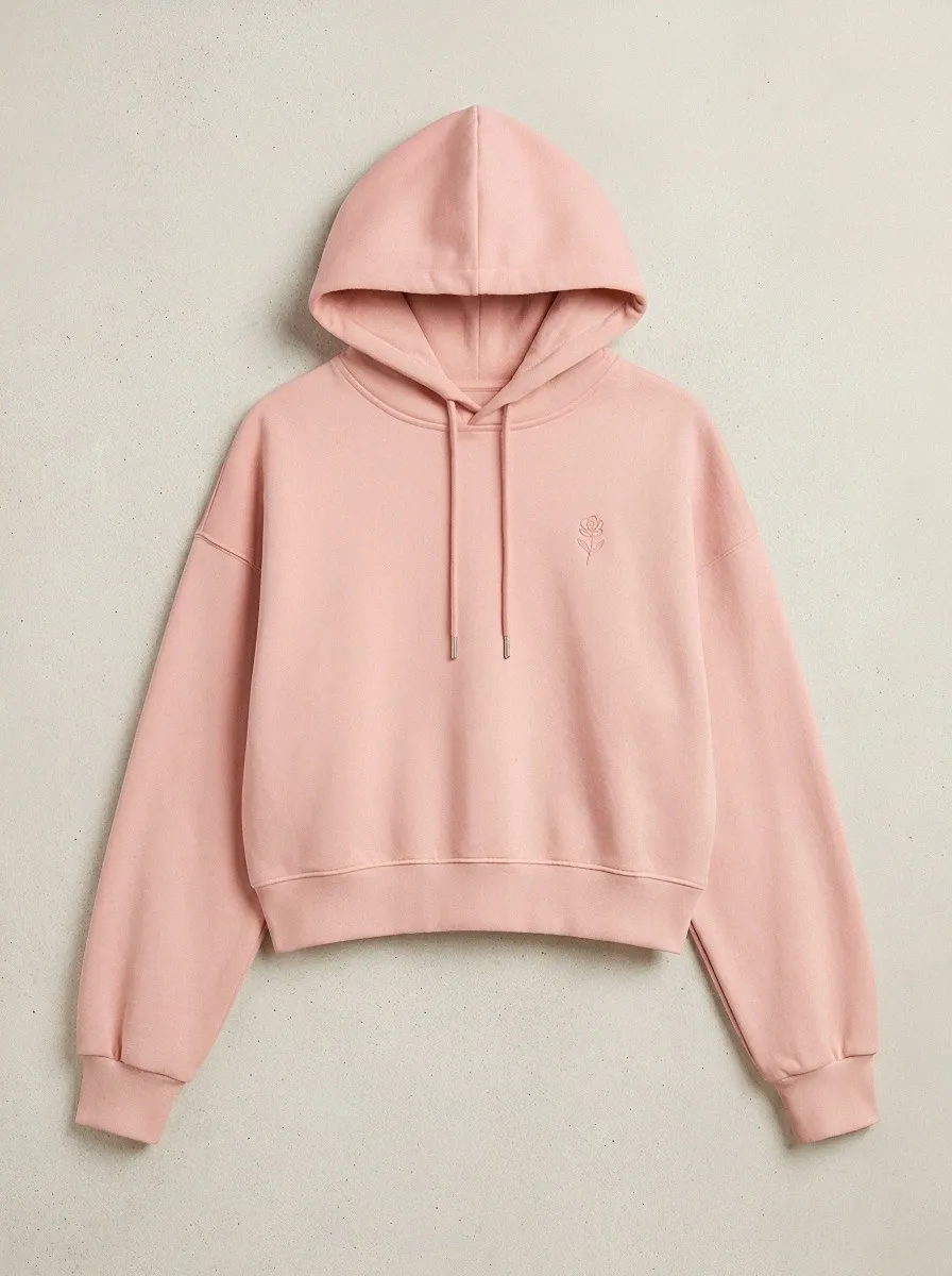 Women's Minimalist Floral Embroidered Cream Cropped Hoodie