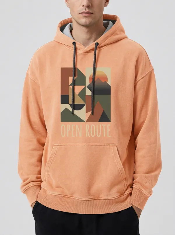 Men's Outdoor Adventure Open Route Geometric Mountain Print Hoodie