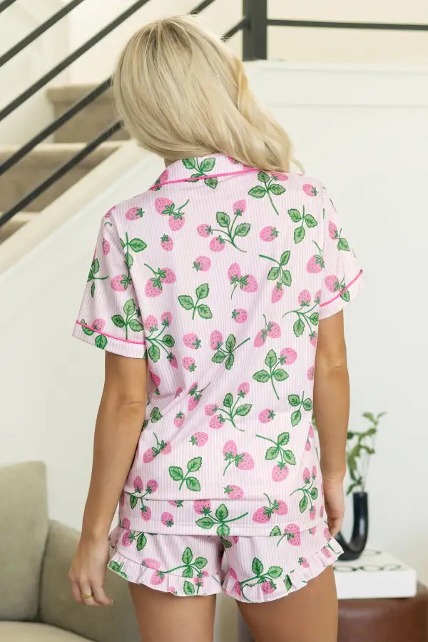 Women's Striped Strawberry Print Lapel Shirt Drawstring Shorts Two Piece Pajama Set
