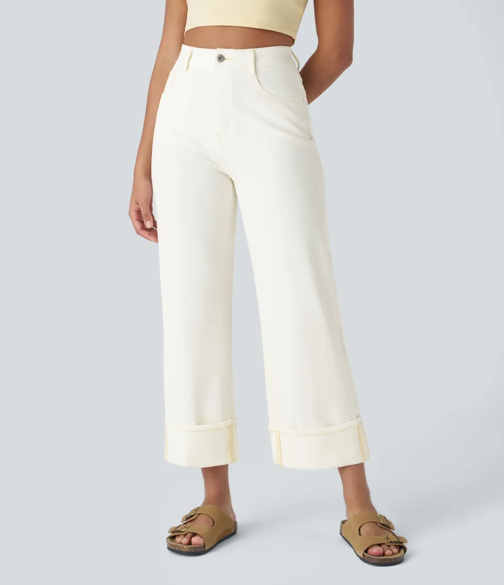 Magic High Waisted Multiple Pockets Rolled Hem Wide Leg Washed Stretchy Knit Casual Jeans