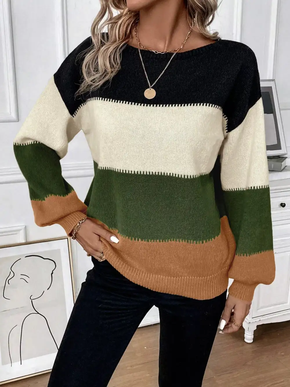 Color Block Round Neck Knit Sweater