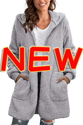 Womens Fuzzy Fleece Open Front Hooded Cardigan Jackets Sherpa Coat with Pockets