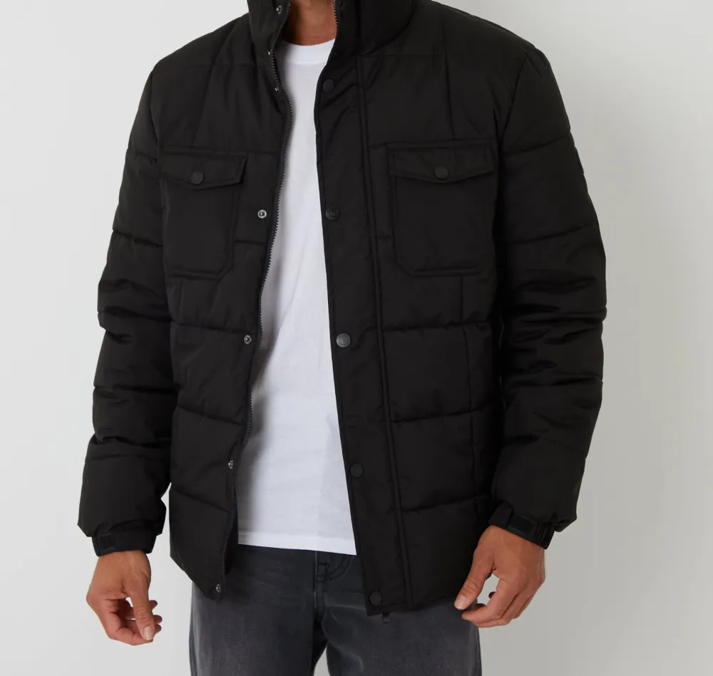 Men's Black Padded Funnel-Neck Jacket