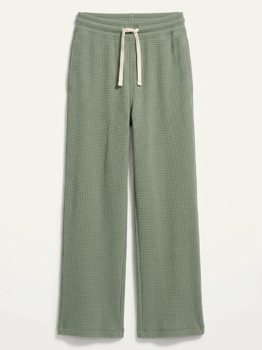 Women's Casual Sage Green Waffle Knit Drawstring Lounge Pants