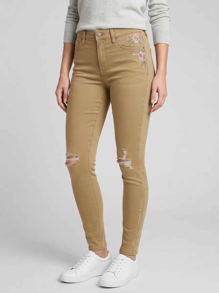 Women's Forge Floral Embroidery Distressed Printed Slim Jeans