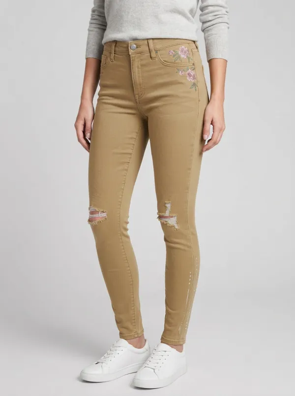 Women's Forge Floral Embroidery Distressed Printed Slim Jeans