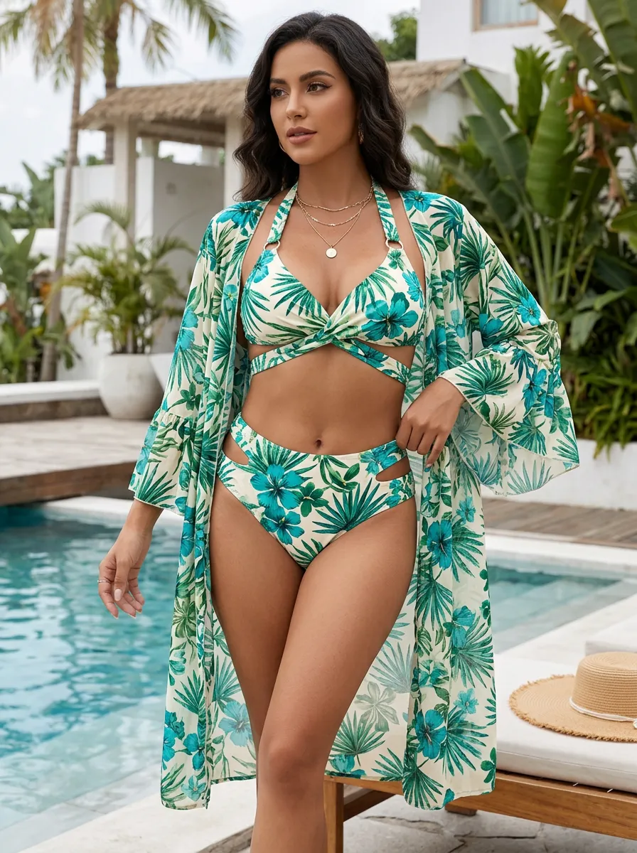 Women's Tropical Beach Vacation Green Floral Printed Bikini Set with Cover Up