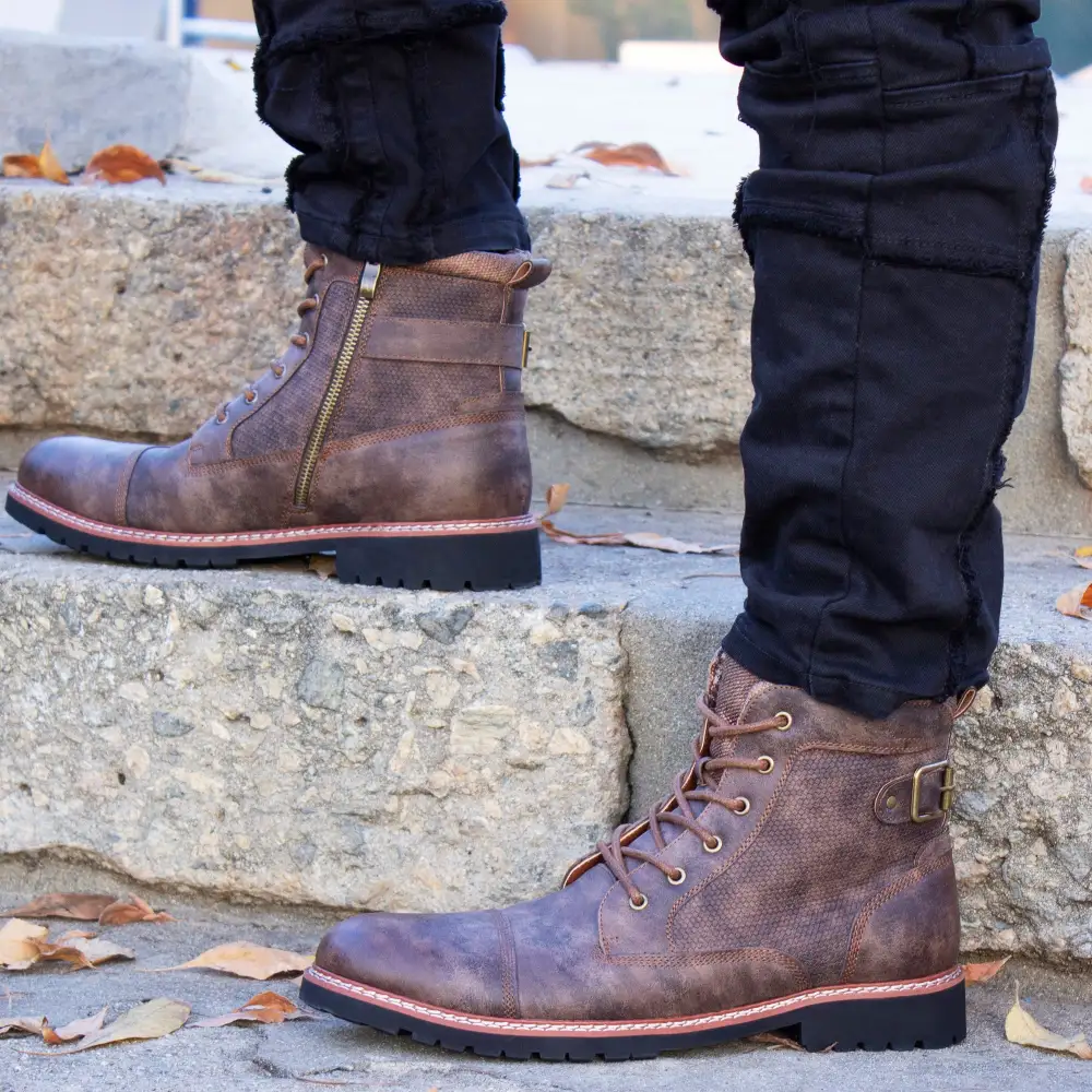 Faux-Leather Burnished Lace-Up Combat Boots