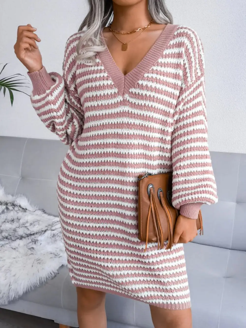 Striped V Neck Long Sleeve Sweater Dress