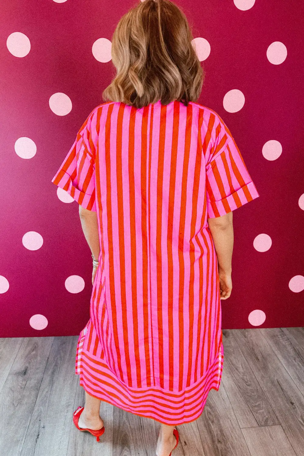 Striped Neck Sleeve Relaxed Midi Dress