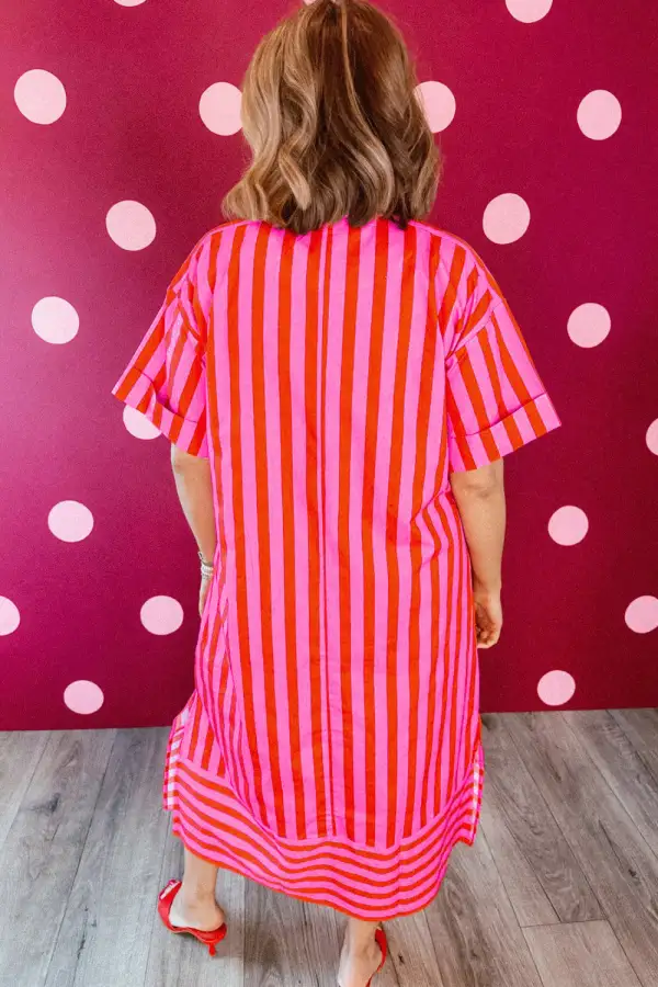 Striped Neck Sleeve Relaxed Midi Dress