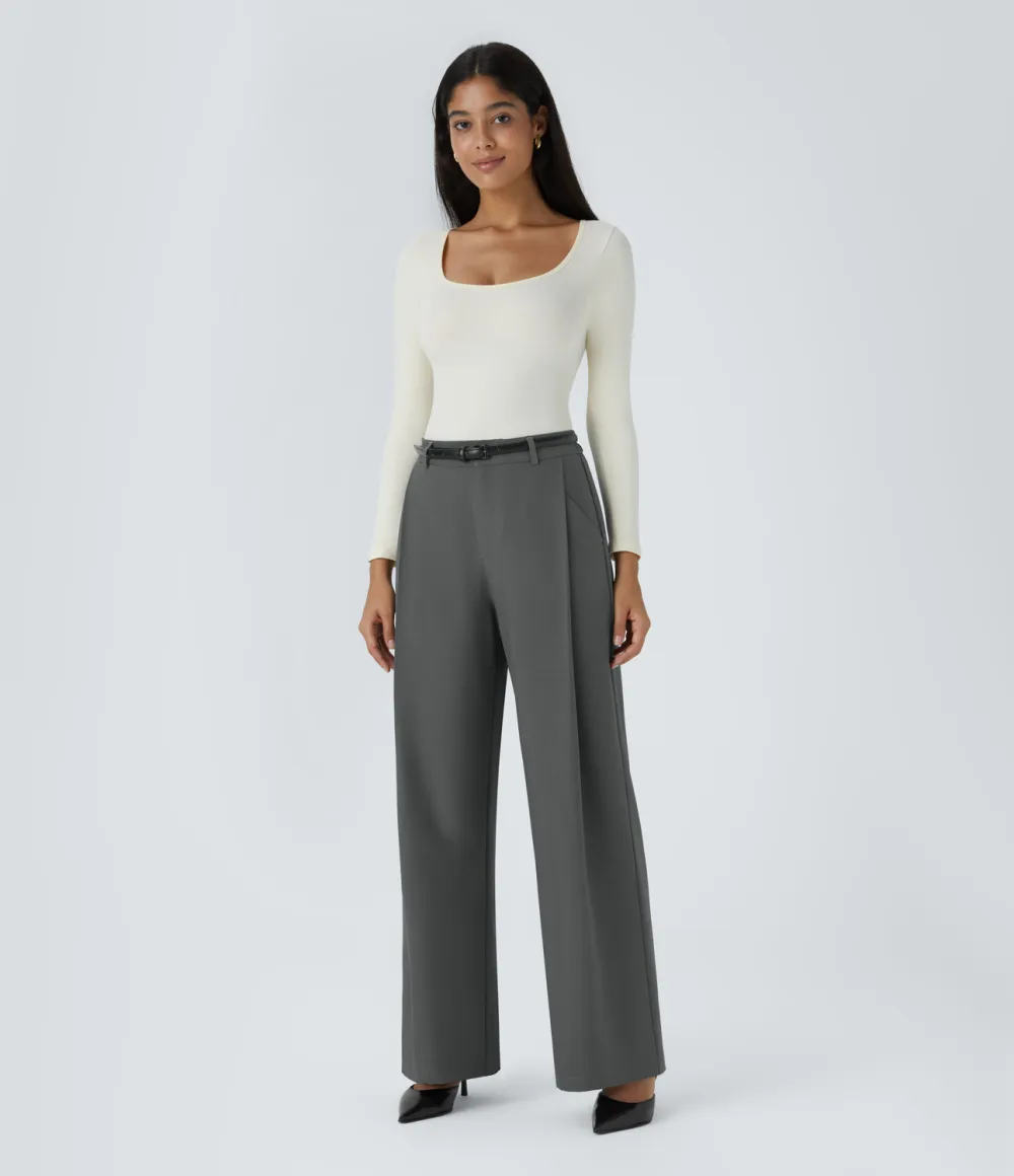 High Waisted Pleated Side Pocket Wide Leg Work Pants