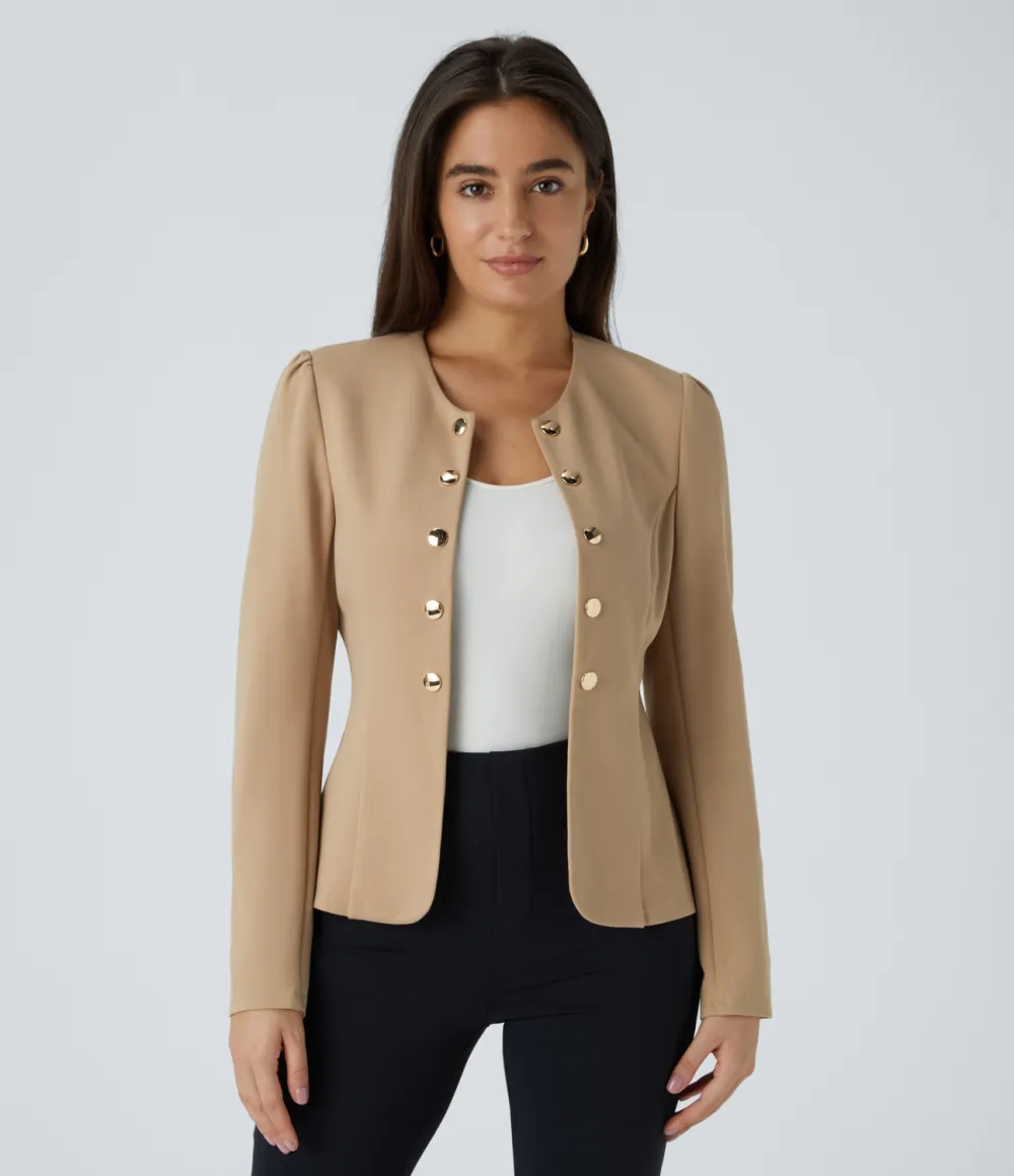 Round Neck Long Sleeve Decorative Buttons Slim Work Jacket