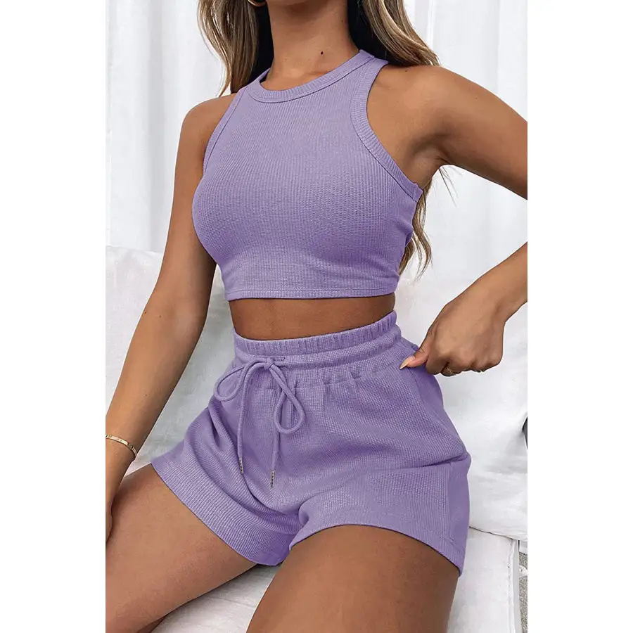 Relaxed Round Neck Top and Drawstring Shorts Set