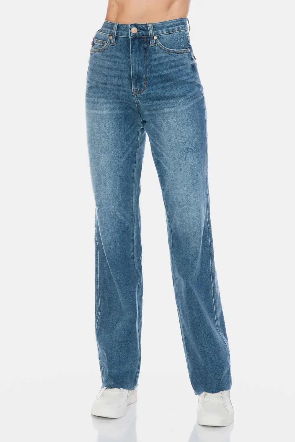 Tummy Control Cut Raw Hem Straight Denim Jeans