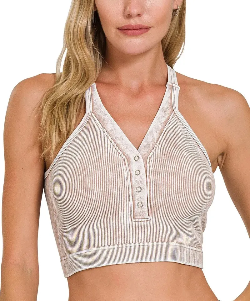 V-Neck Buttoned Slim Ribbed Tank Top