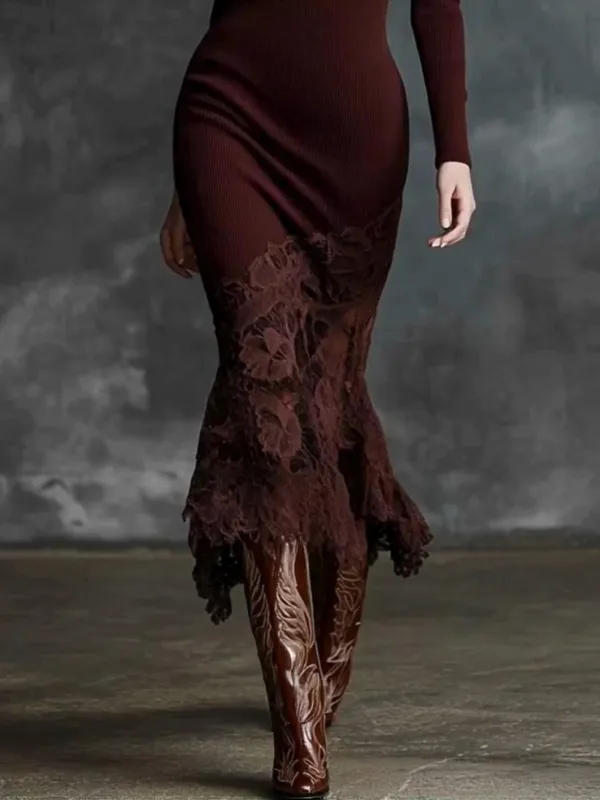 Elegant High Neck Lace Trimmed Knit Midi Dress