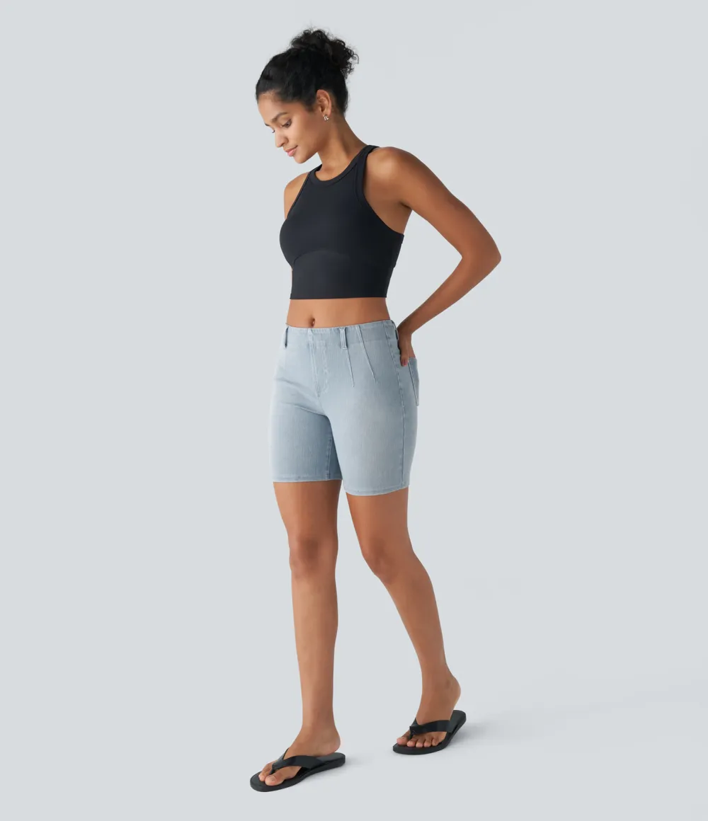 Magic Mid Rise Back Pockets Skinny Cool Touch Washed Stretchy Knit Denim Casual Shorts