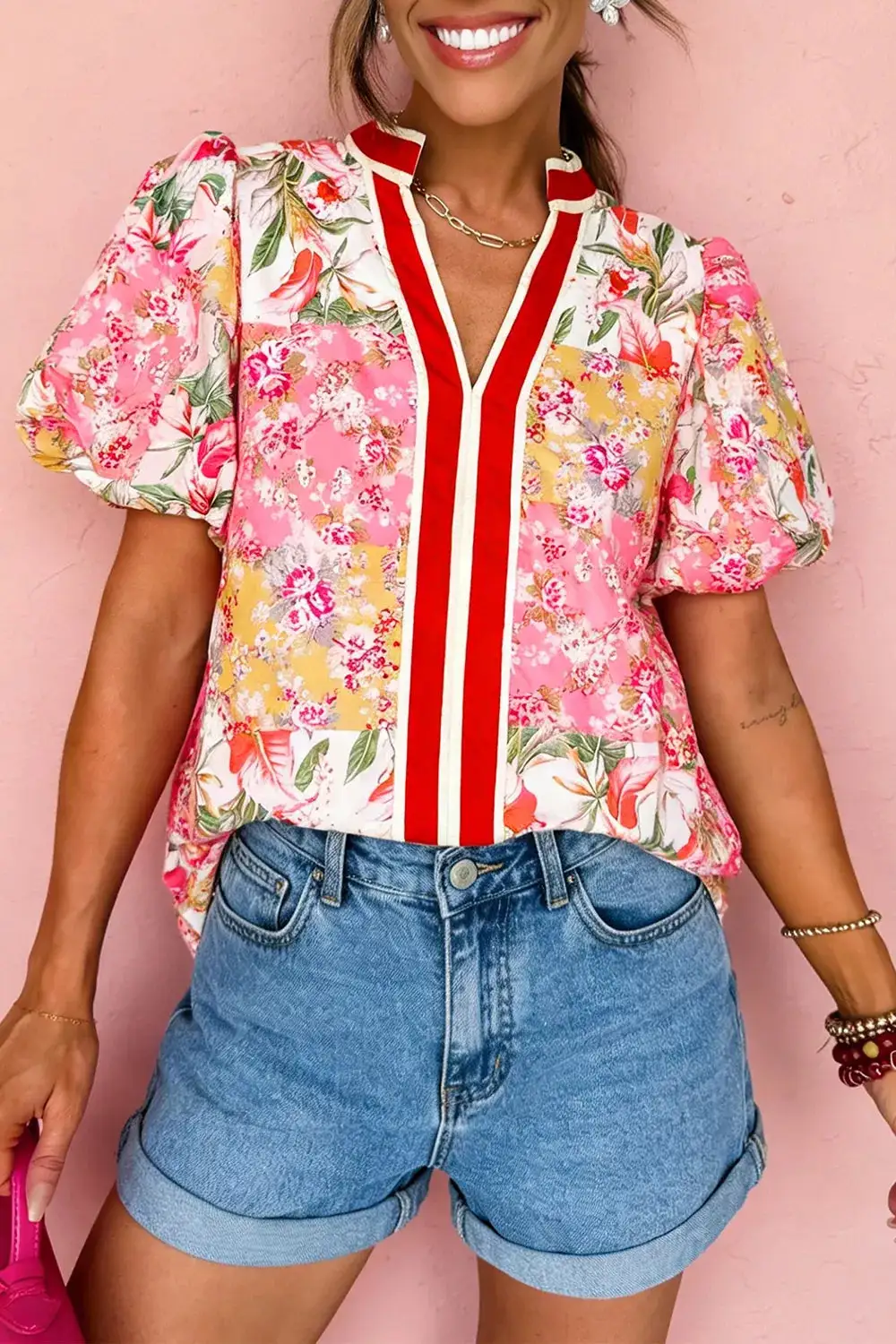 Contrast Collared V-Neck Short Sleeve Floral Blouse
