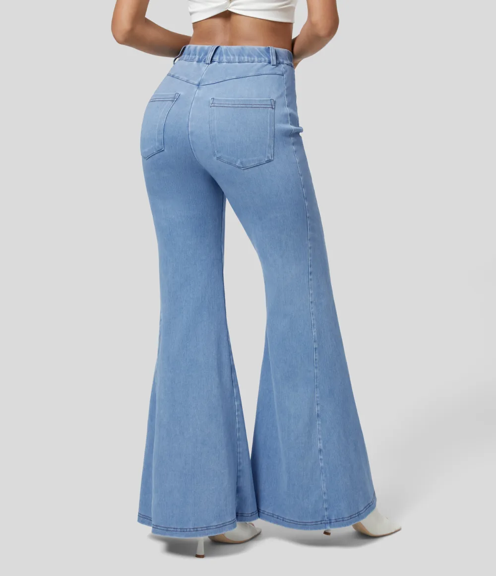 Magic High Waisted Multiple Pockets Washed Stretchy Knit Casual Super Flare Jeans
