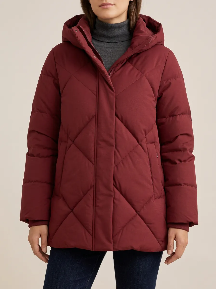 Women's Burgundy Diamond Quilting Hooded Outerwear