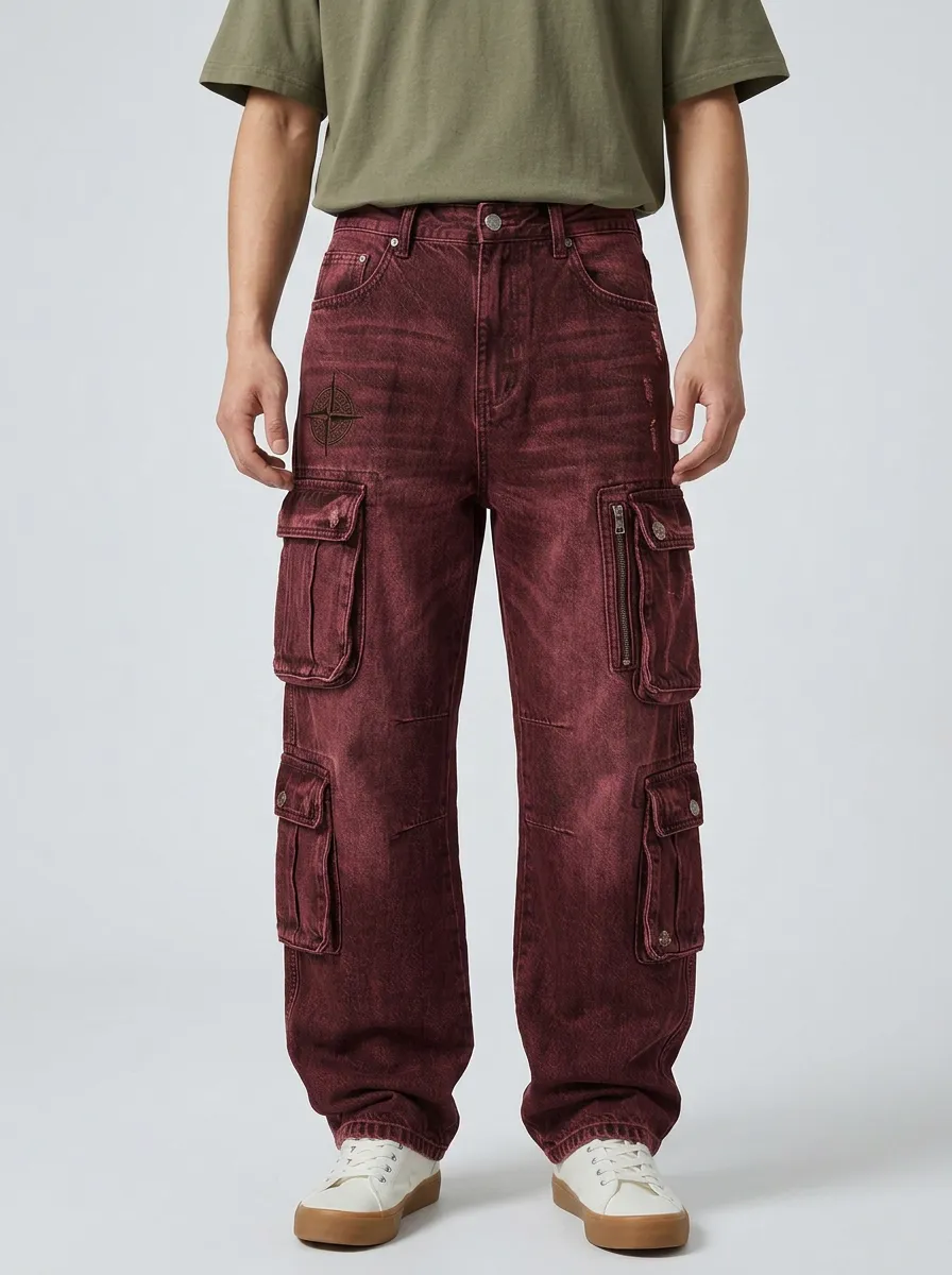 Men's Streetwear Compass Patch Washed Black Printed Cargo Jeans