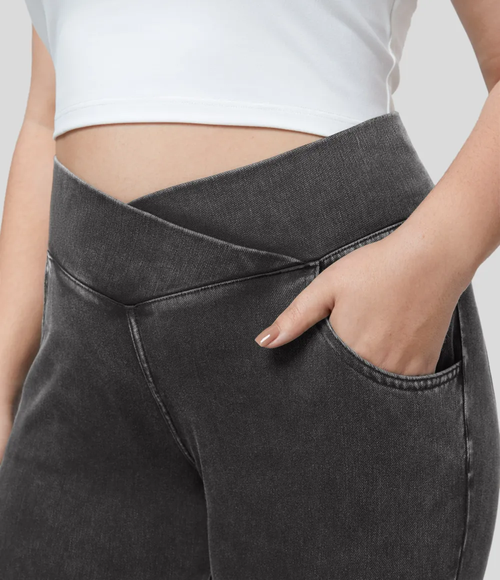 Magic High Waisted Crossover Multiple Pockets Stretchy Knit Denim 7/8 Plus Size Work Leggings