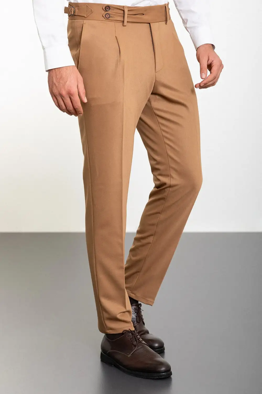 Straight Slim Fit Belt Detail Side Pocket Pleated Tailored Trousers