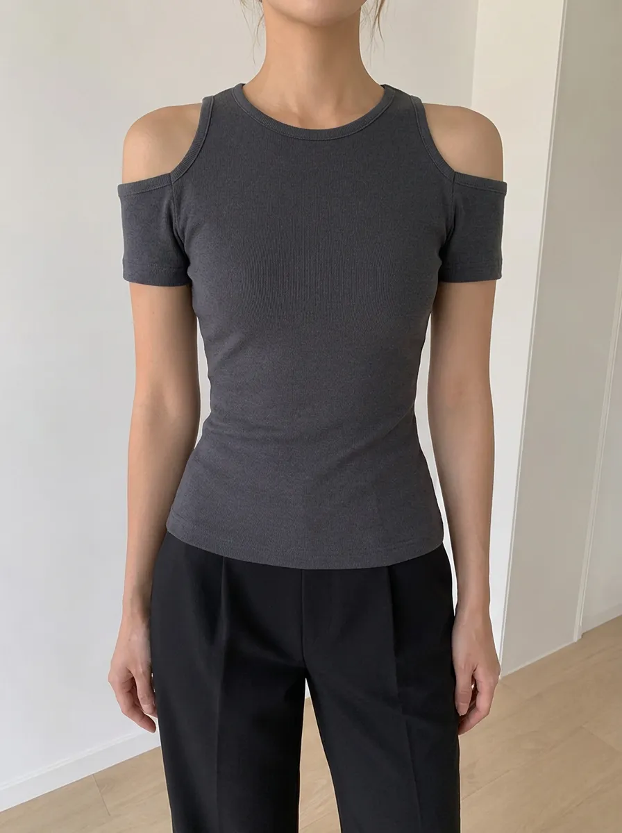 Women's Casual Minimalist Charcoal Ribbed Cold Shoulder Top