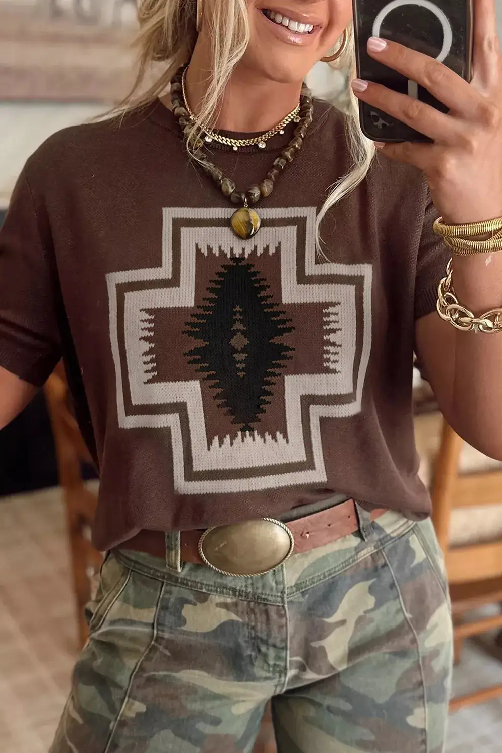 Short Sleeve Ribbed Graphic Sweater