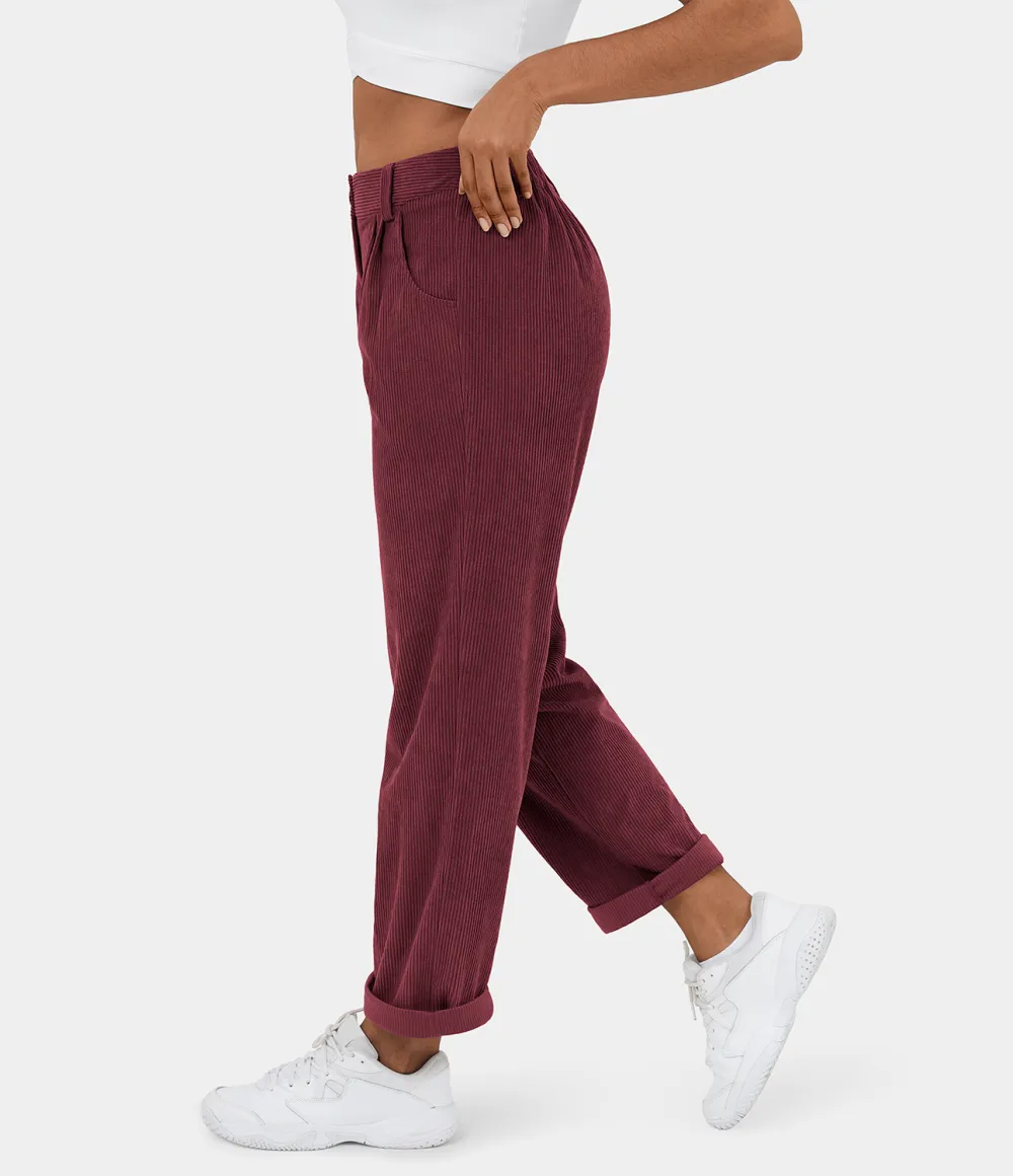 Mid Rise Button Zipper Side Pocket Corduroy Casual Pants