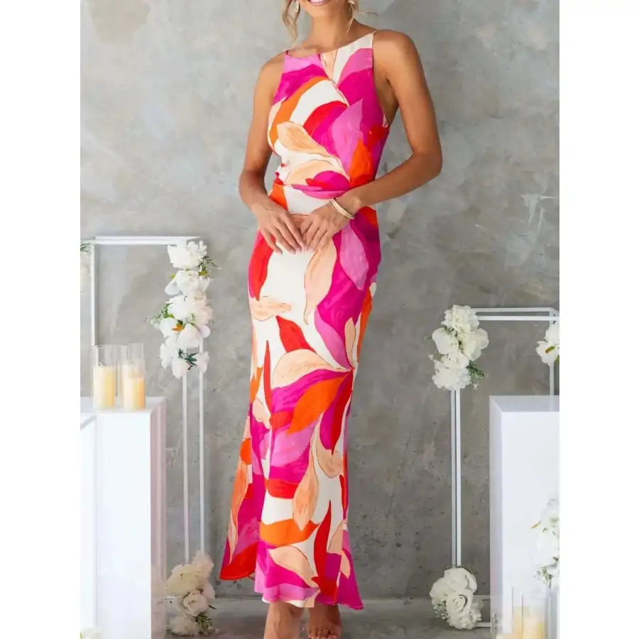 Printed Backless Sleeveless Maxi Dress