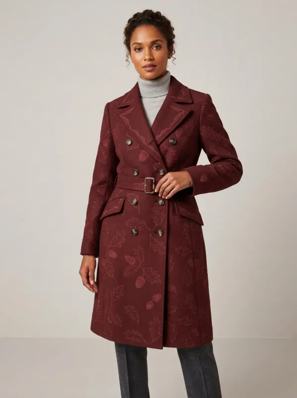 Women's Oak Leaf Acorn Pattern Trench Coat